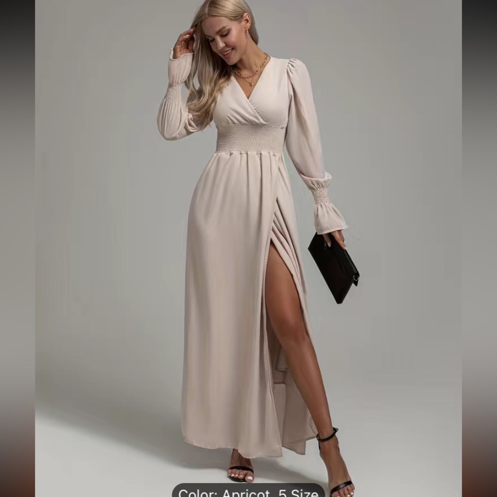 Shirred Waist Split Dress, Elegant V Neck Long Sleeve Maxi Dress, size L